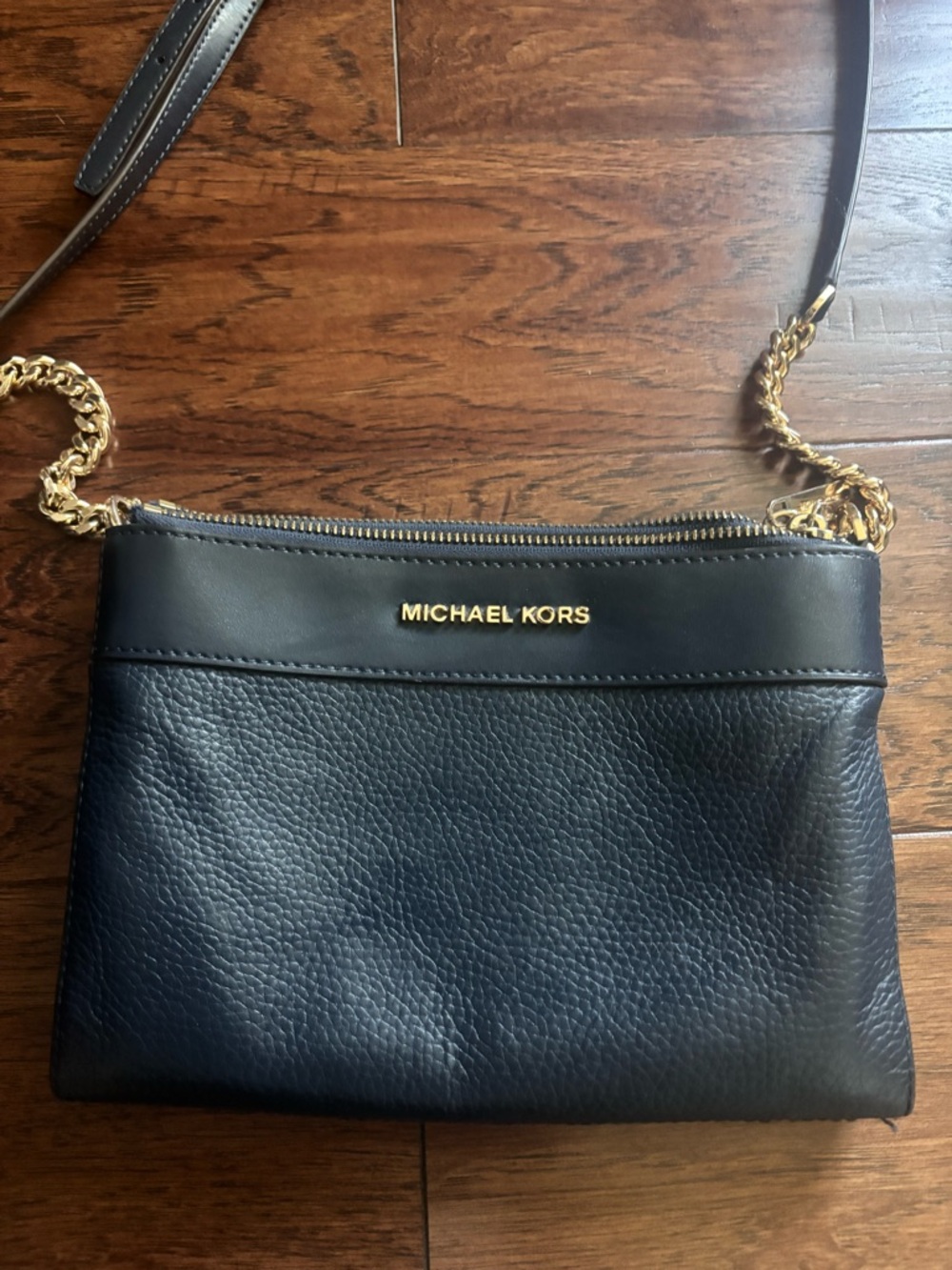 Michael Kors Navy Leather Crossbody with Gold Chain Strap